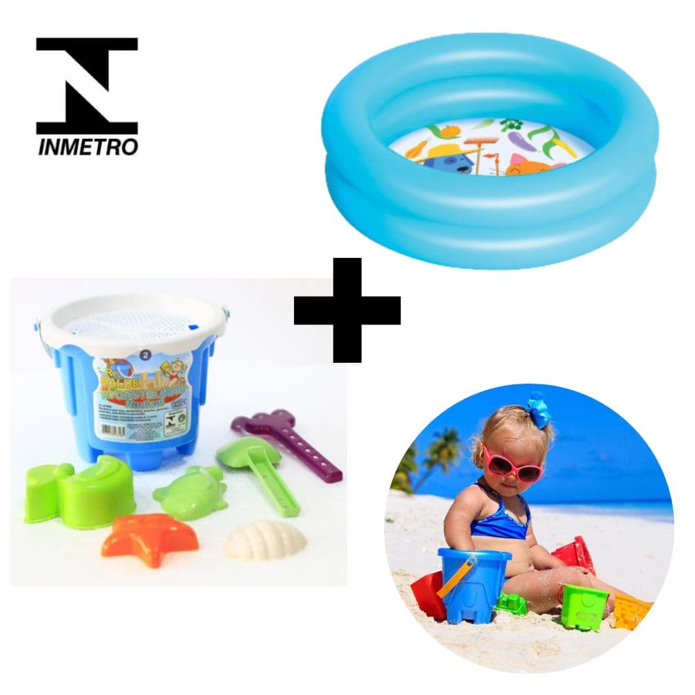 Kit Praia Piscina Com Baldinho Infantil Inflável 60 Cm Criança Bebê Rosa Azul Menino Menina Verão Jardim