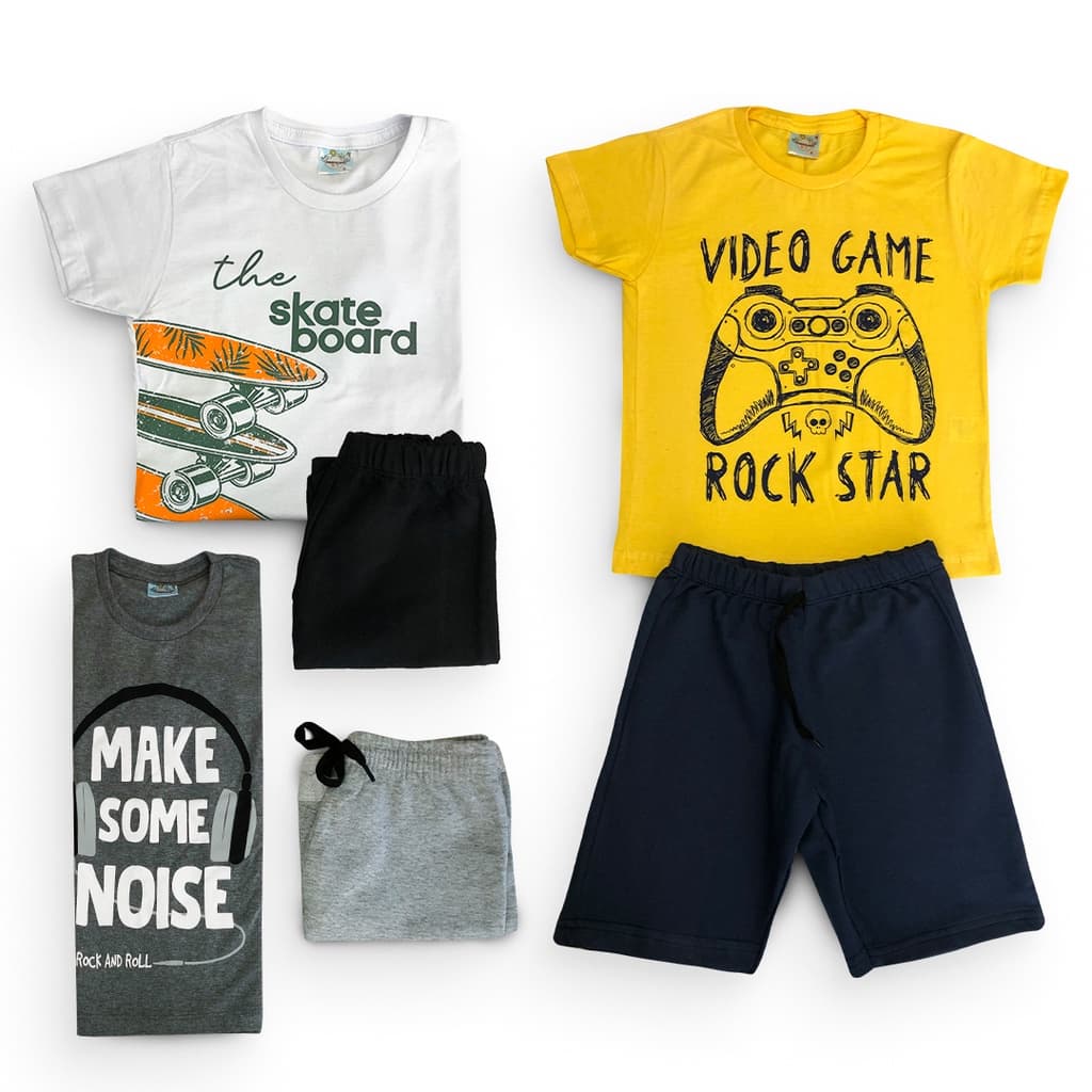 Kit 6 Peças Sortidas Infantil Menino 1 ao 14 - 3 Camisetas Estampadas e 3 Bermudas