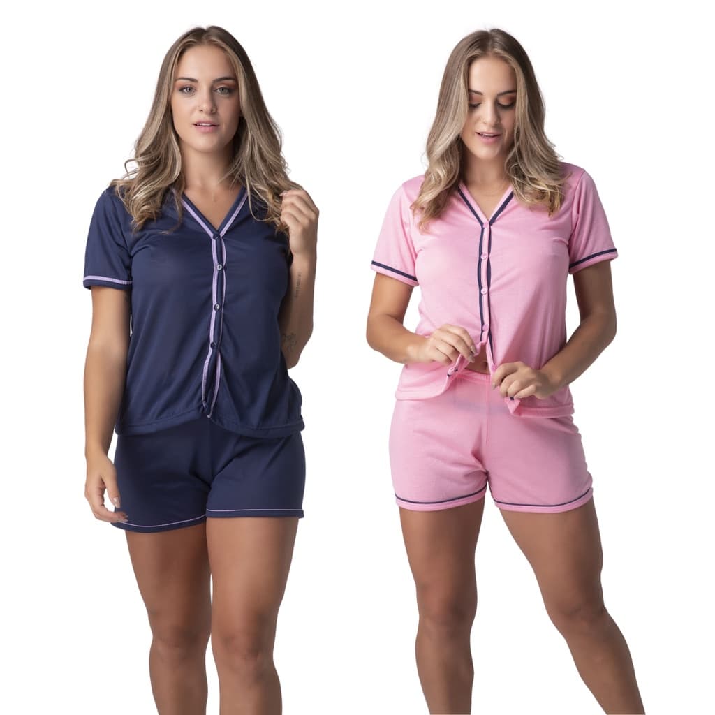Kit 2 Pijamas Blogueirinha Baby Doll Americano Com Botão Confortável Dormir Feminino Pós Parto Pós Cirurgico 329