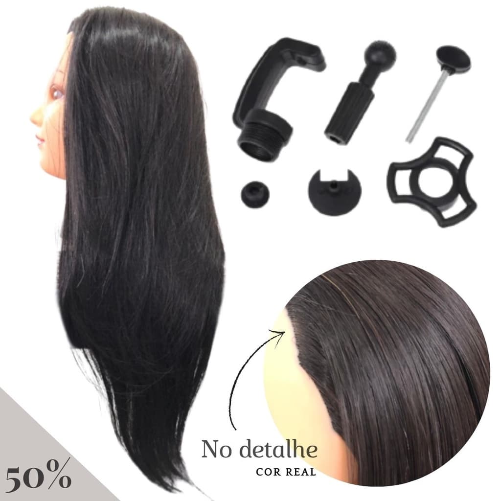 Cabeça De Treino Manequim Cabelo Misto Fibra Orgânica + Suporte De Mesa