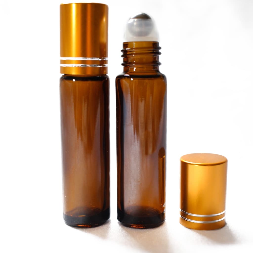 10 Frasco De Vidro Roll on ambar 10ml Garrafas óleo essencial ou perfume Tampa Dourada