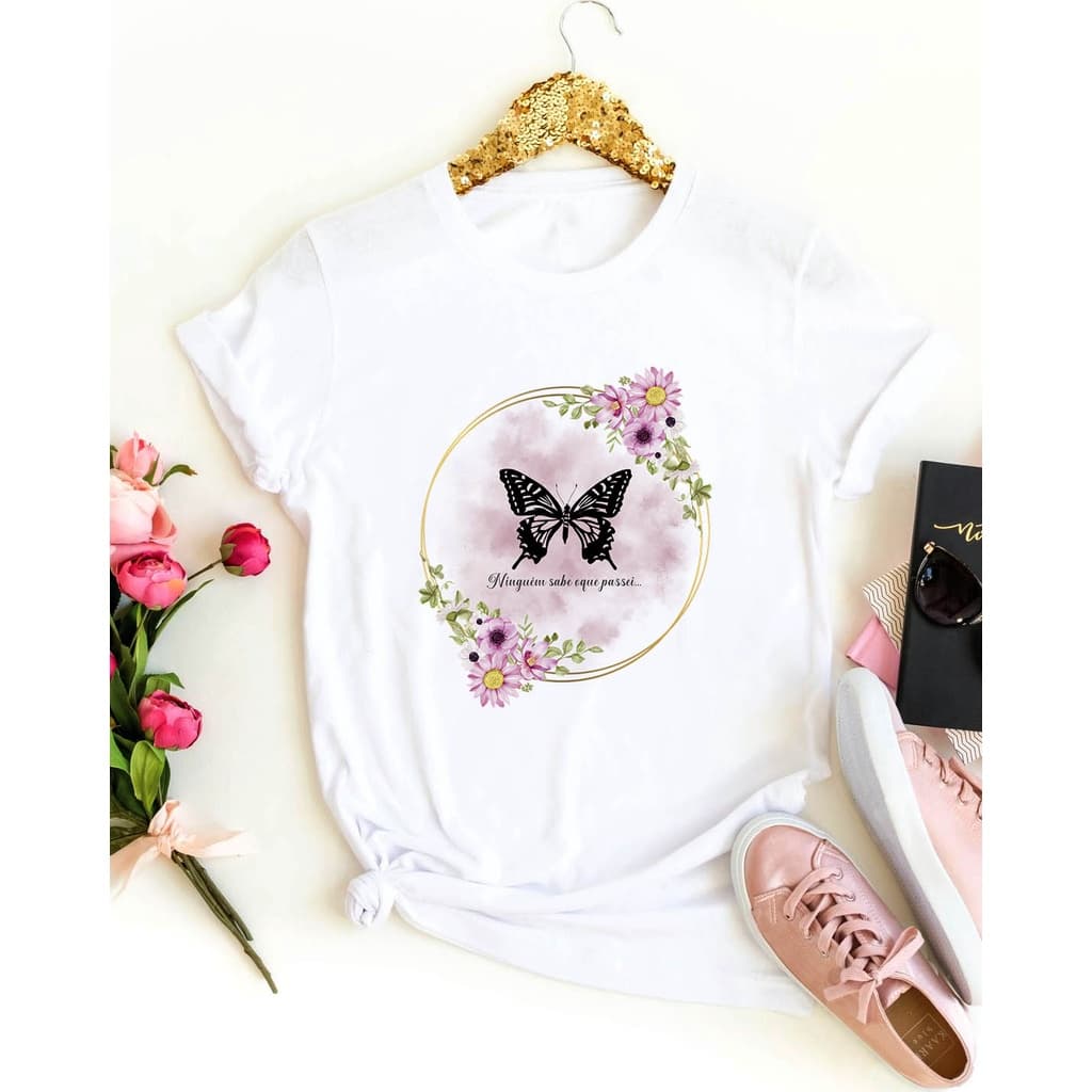 Camiseta T-Shirt Feminina Estampa Borboleta e Frase 100% Poliéster