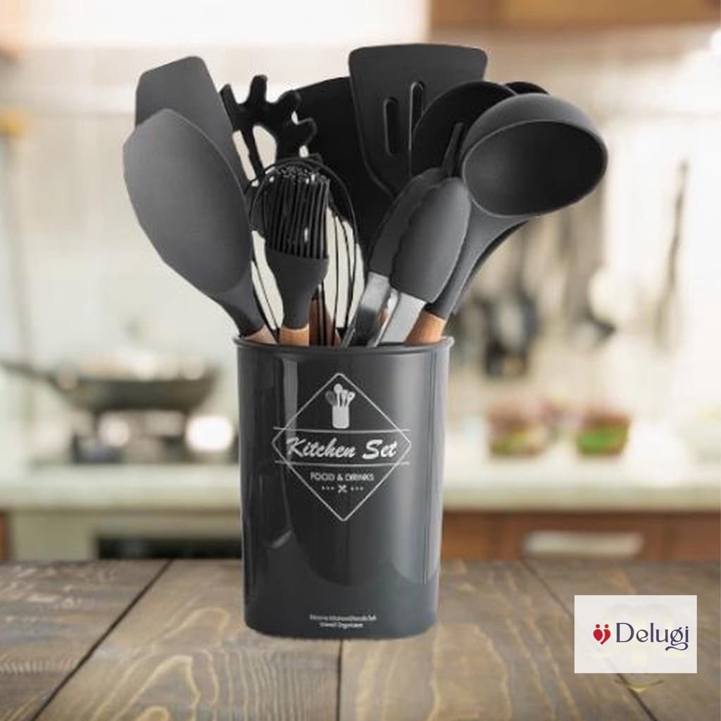 Kit Utensilios Cozinha Silicone Colher Copo Suporte 12 Peças