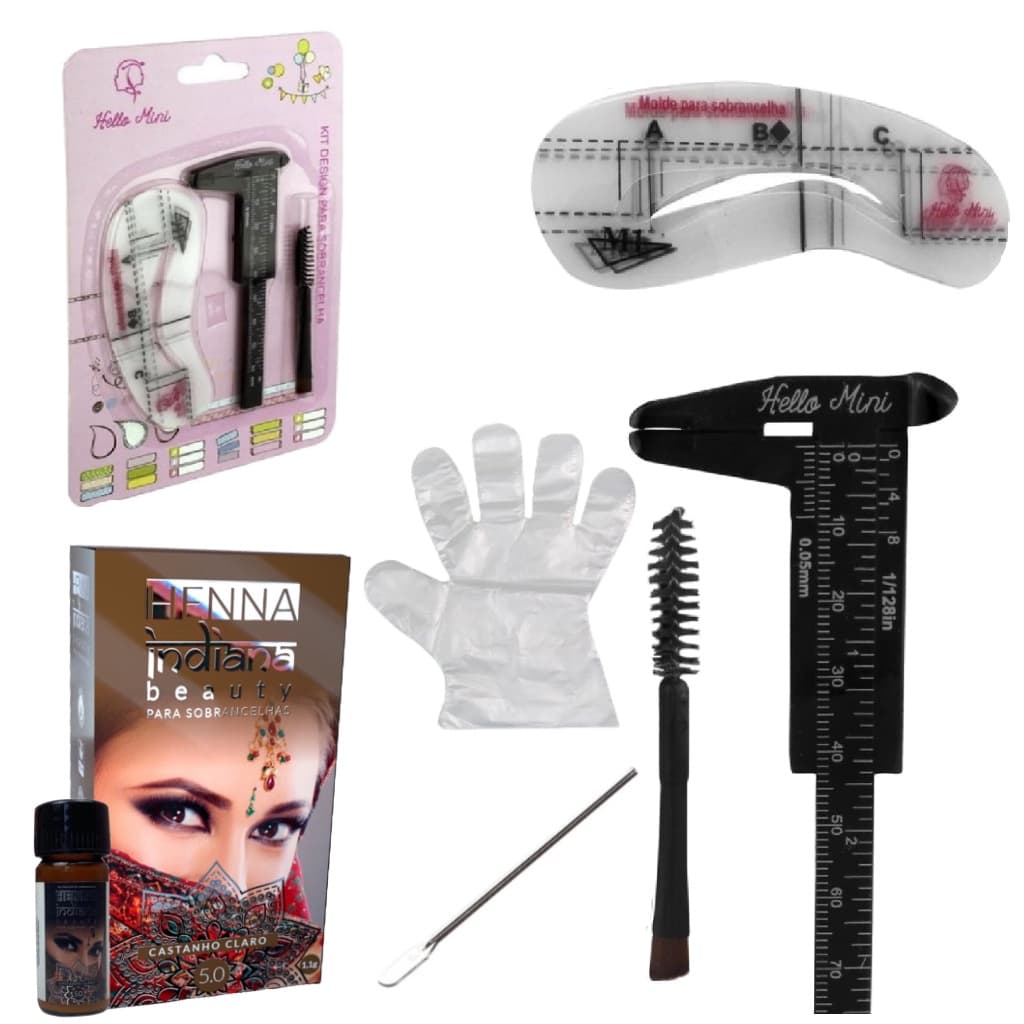 Kit Henna Sobrancelha Indiana Beauty Pincel Duplo Paquimetro 8cm 6 Modelos Sobrancelhas Profissional