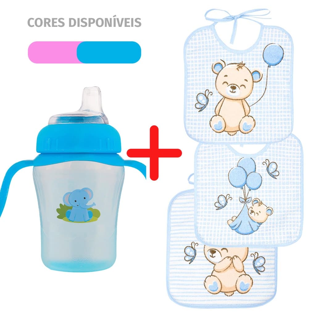 Kit Copo Infantil anti-vazamento Bico Silicone E conjunto 3 Babadores