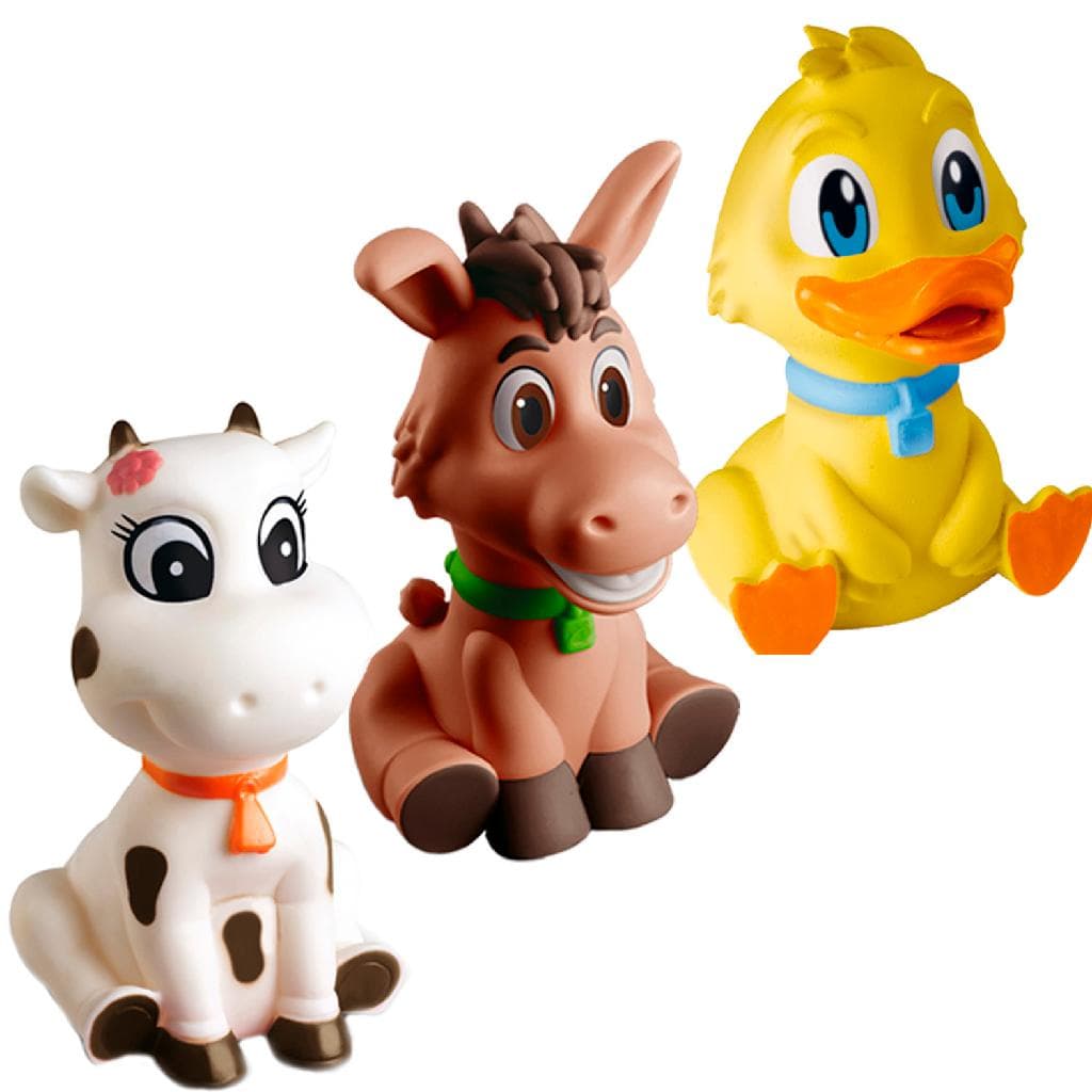 Kit 3 Animais Da Fazenda Burrinho Vaquinha e Patinho Brinquedo Macio P/ Bebê Banho Mordedor