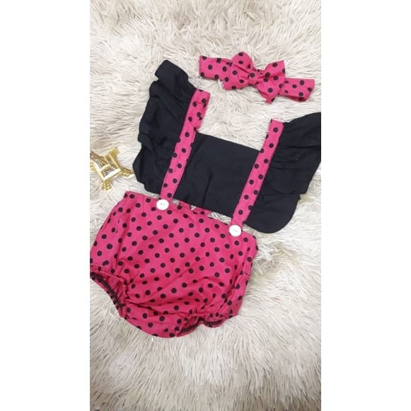 Jardineira Bory Menina Baby Romper Bebê Conjunto Faixa