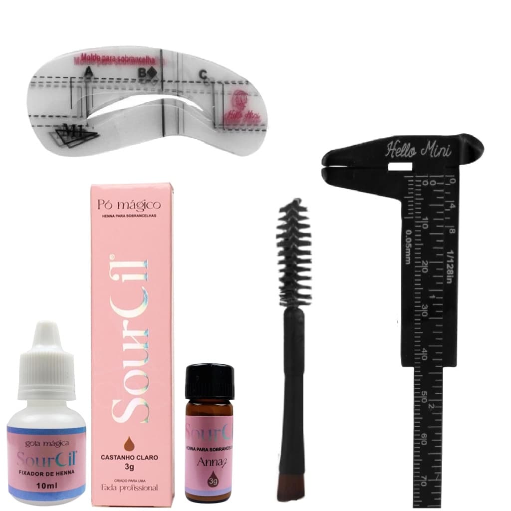 Henna para Sobrancelhas Sourcil com Kit Designer Paquimetro 8cm + Pincel Duplo Chanfrado e Escova