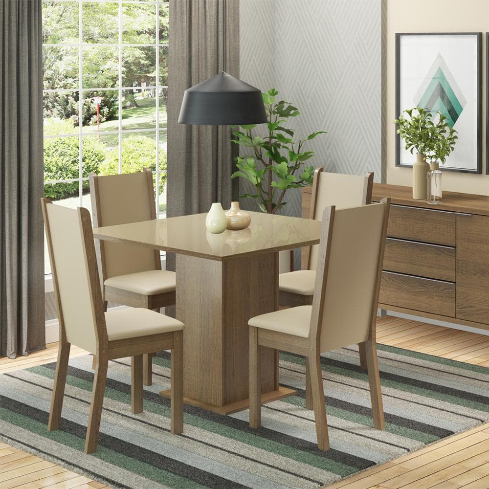 Conjunto Sala de Jantar Mesa Tampo de Vidro com 4 Cadeiras Rustic/Crema/Pérola Madesa Moscou Plus