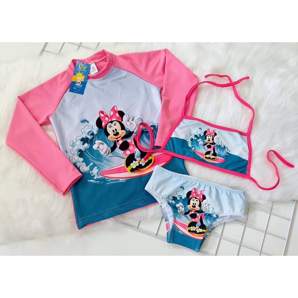 Kit Biquini Infantil com Blusa Proteção Solar Infantil Manga Longa UV50 Roupa para Praia e Piscina Personagens