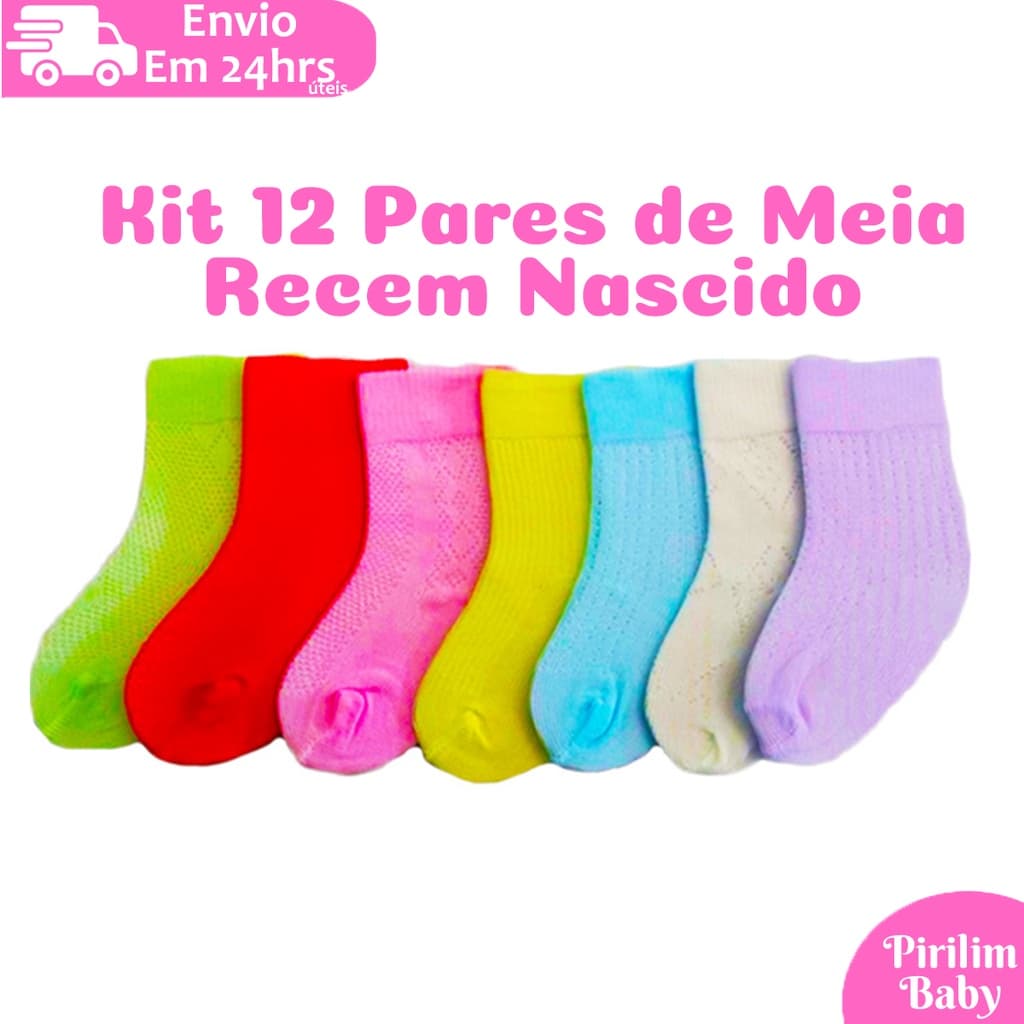 Kit 12 Pares de Meia para bebê 0 a 6 meses lisas