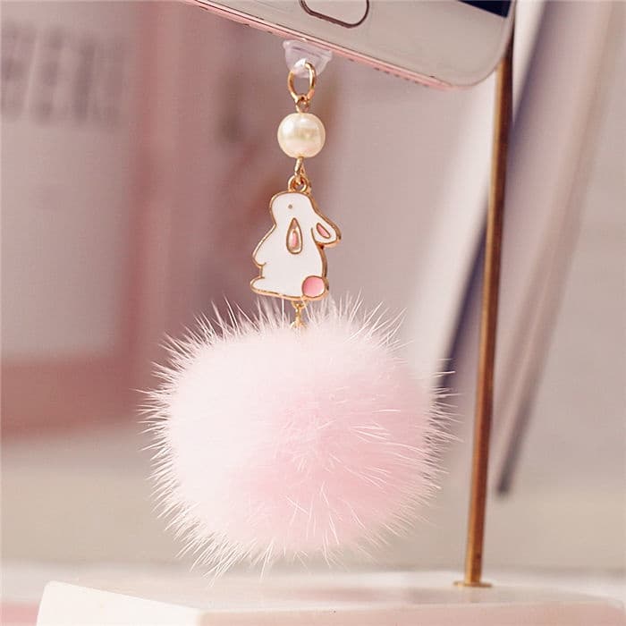 Telefone Celular Anti-Poeira Plugue Fofo Desenho Coelho Bola De Mink Pelo Pingente Universal Fone De Ouvido Dados Cabo