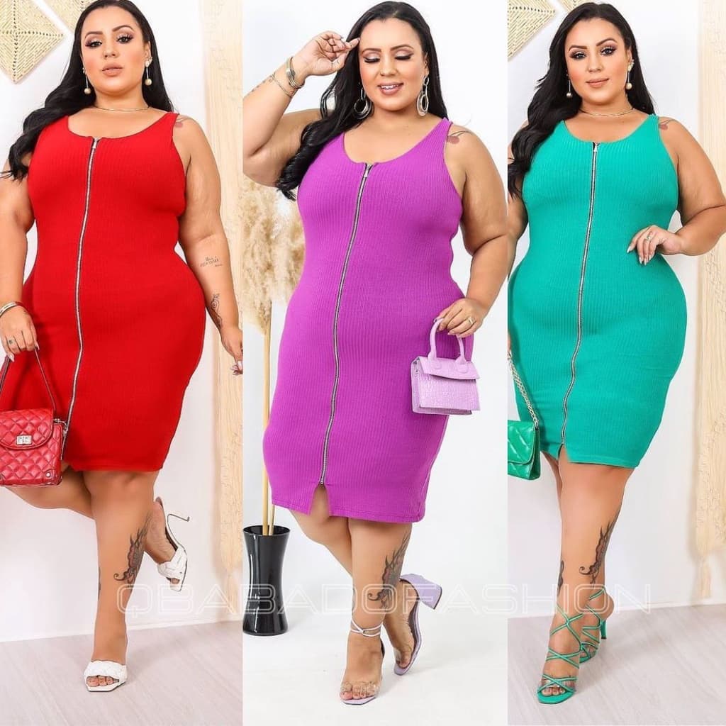 Vestido Midi Canelado (2 em 1) Regata Tubinho com Ziper Plus Size