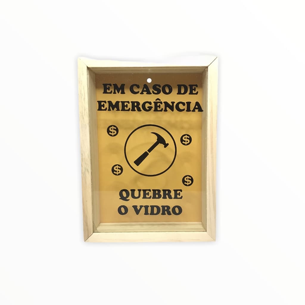 CDA Quadro Cofre Em Caso De Emergência Madeira Dinheiro Vidro Decoração Moedas