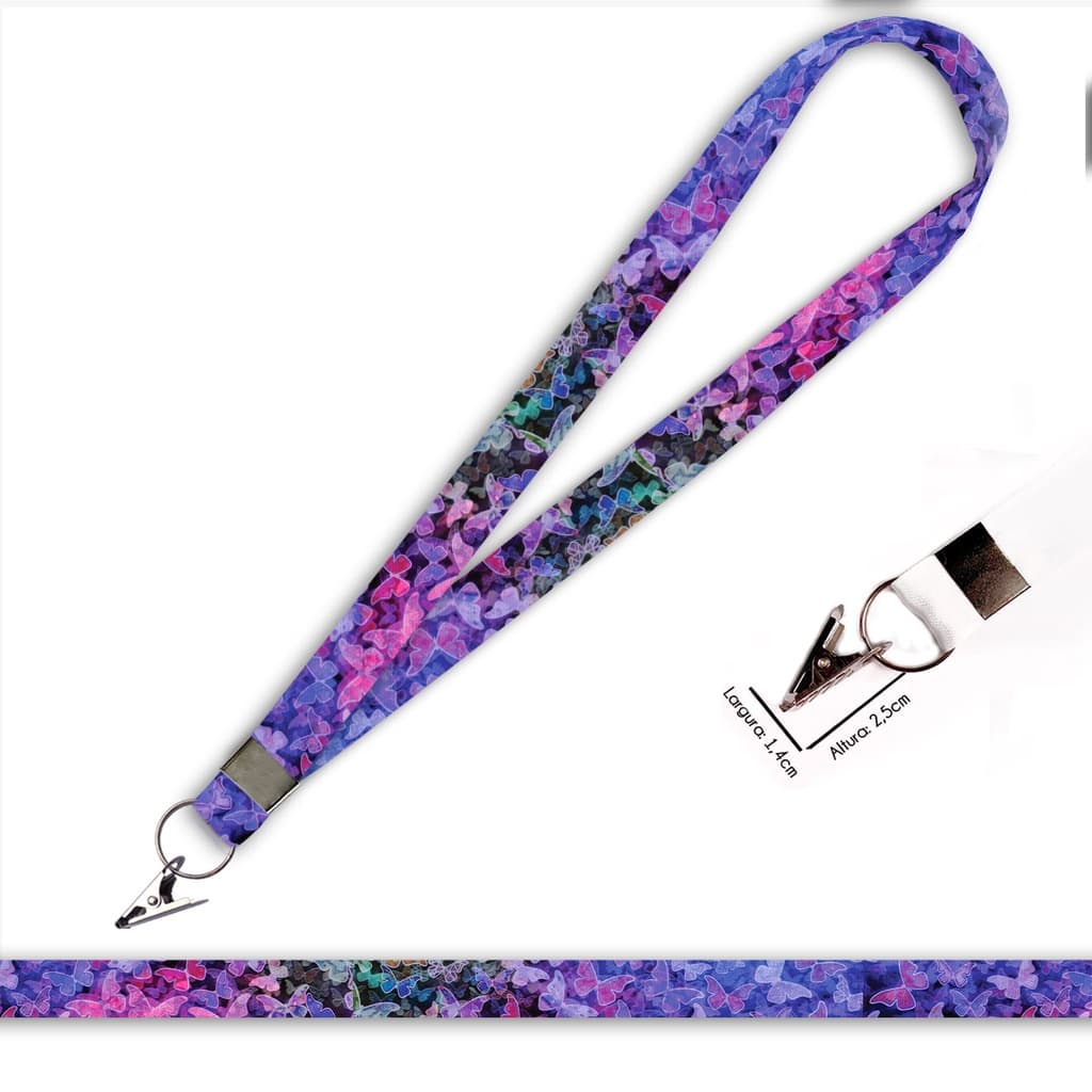 Cordão personalizado Borboletas Coloridas para crachá ou chaveiro com Jacaré com Argola
