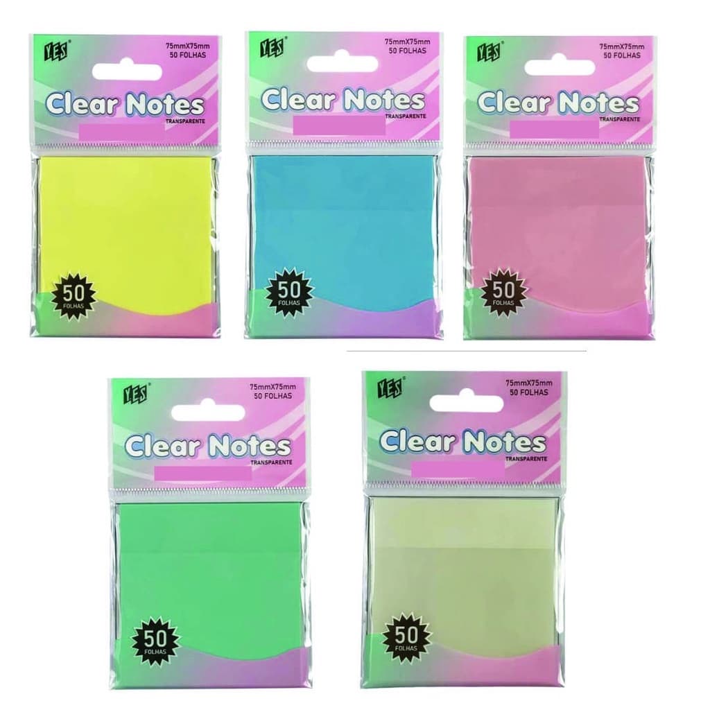 Kit 3 Bloco Adesivo Transparente Colorido 50 folhas 75x75mm