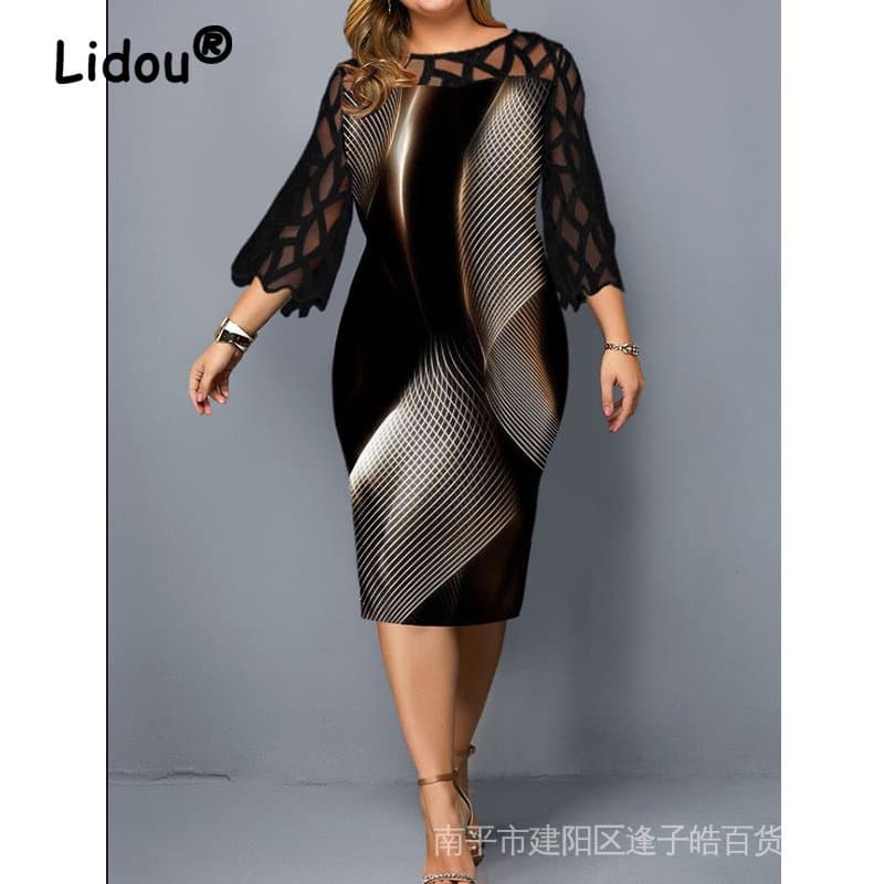 Plus Size Vestido De Festa Elegante De Renda Patchwork Bodycon Vestidos Para Mulheres Moda Verão Estampa Midi Preto Femm