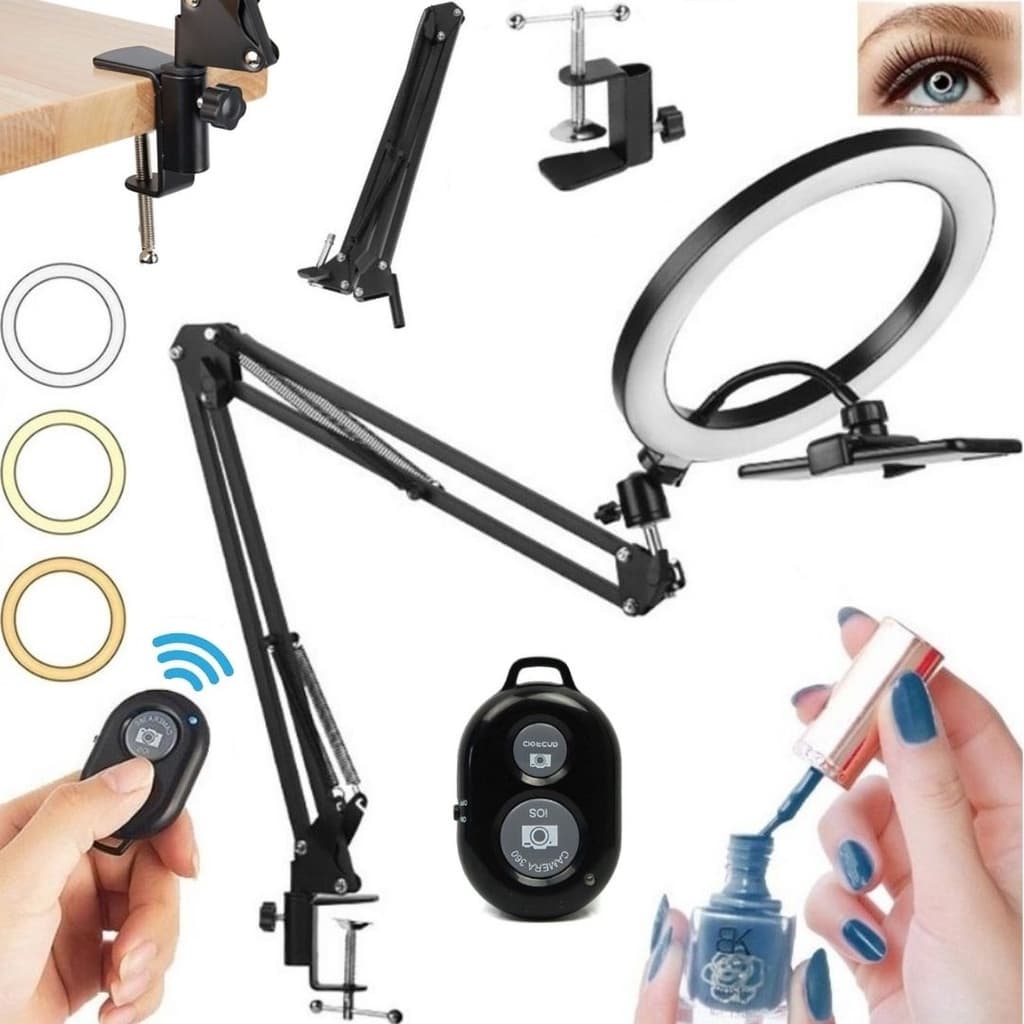 Braço Articulado + Ring Light Luz Led Suporte Celular Gravar Mesa Cima Mãos
