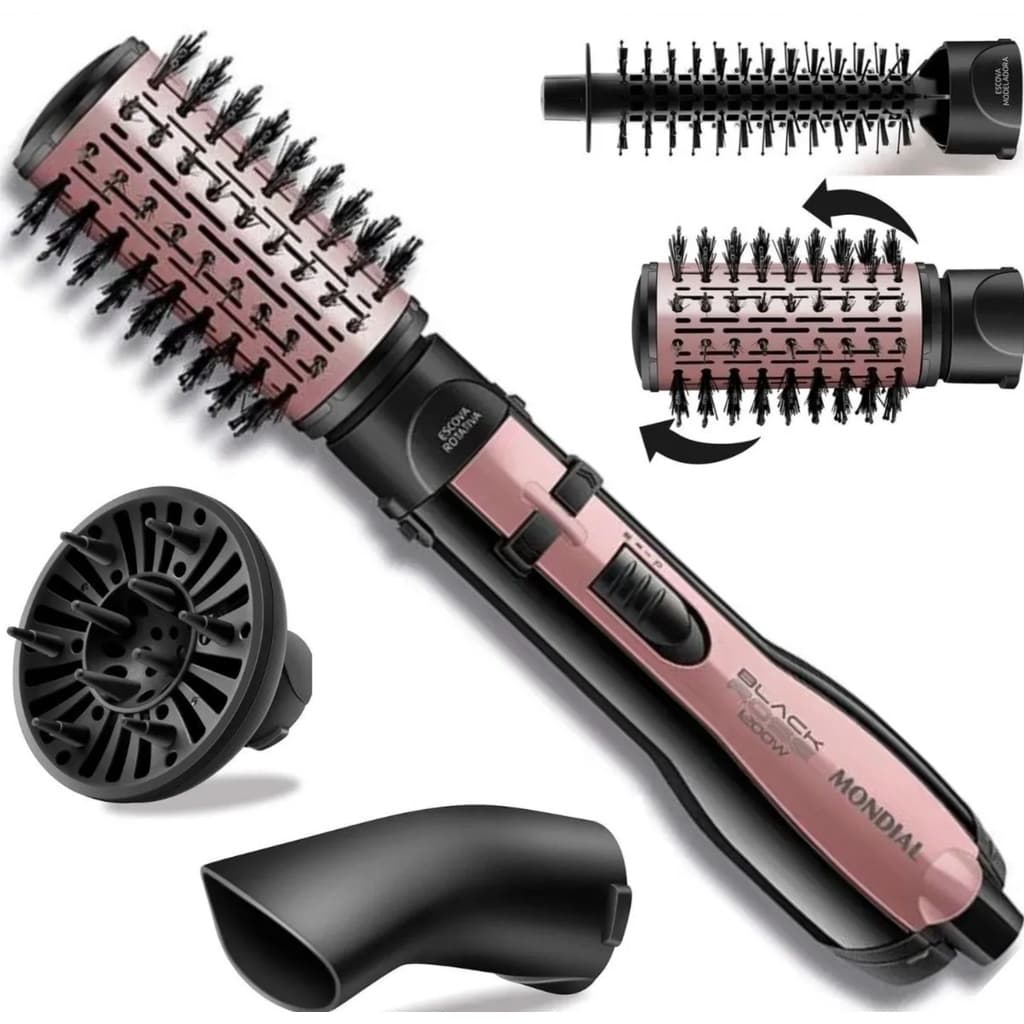 Escova Rotativa De Cabelo Mondial ER-10 Alisadora Secadora Ar Frio Quente DIfusor De Cachos Cacheador 1200W 5 em1 Franja