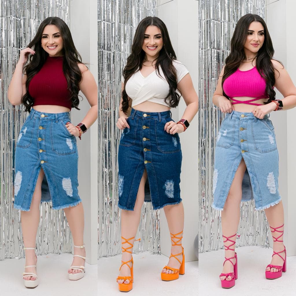 Saia Midi Jeans Claro Rasgada Moda Evangélica Blogueira Cintura Alta Modelo Secretária