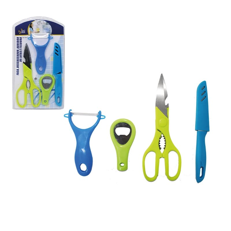 Kit Descascador Abridor De Garrafa Faca De Cozinha E Tesoura