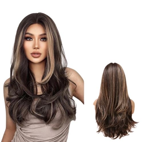 Peruca Lisa sem Franja Morena iluminada 70cm Fibra Premium