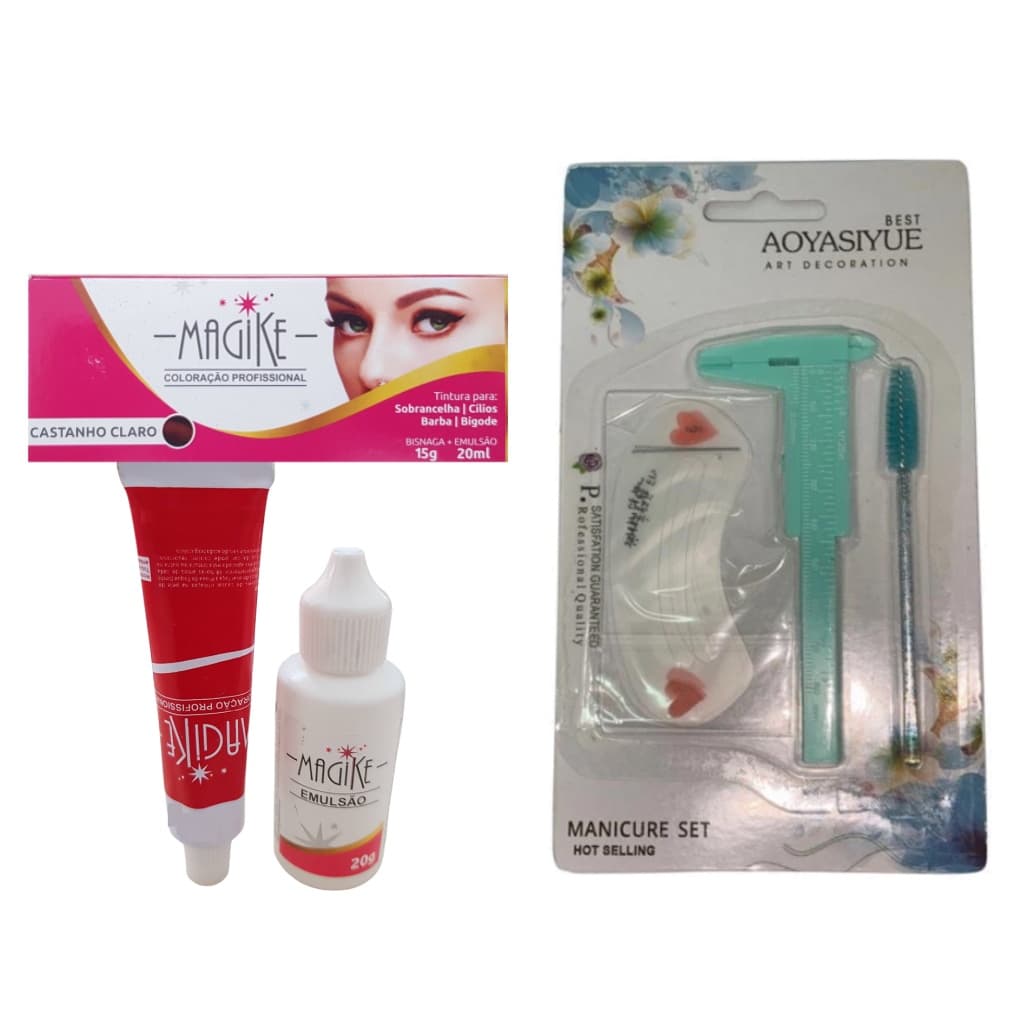 tintura para sobrancelha barba bigode magike Escolha cor + Kit Acessorios paquimetro escova molde