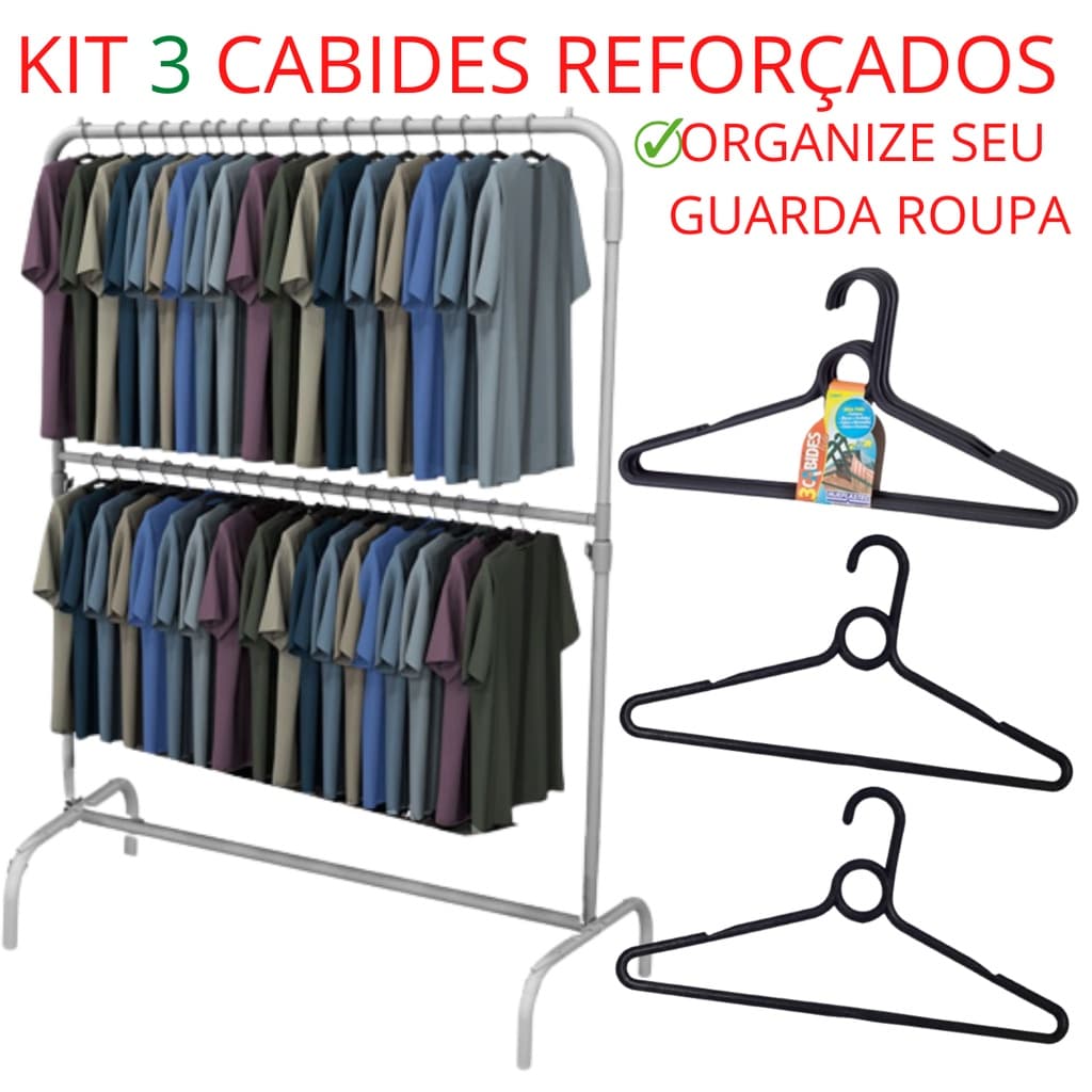 Cabide Adulto Kit Com 3 Peças Pretas de Plástico  REFORÇADO EXTRA 43 Centimentro Largura