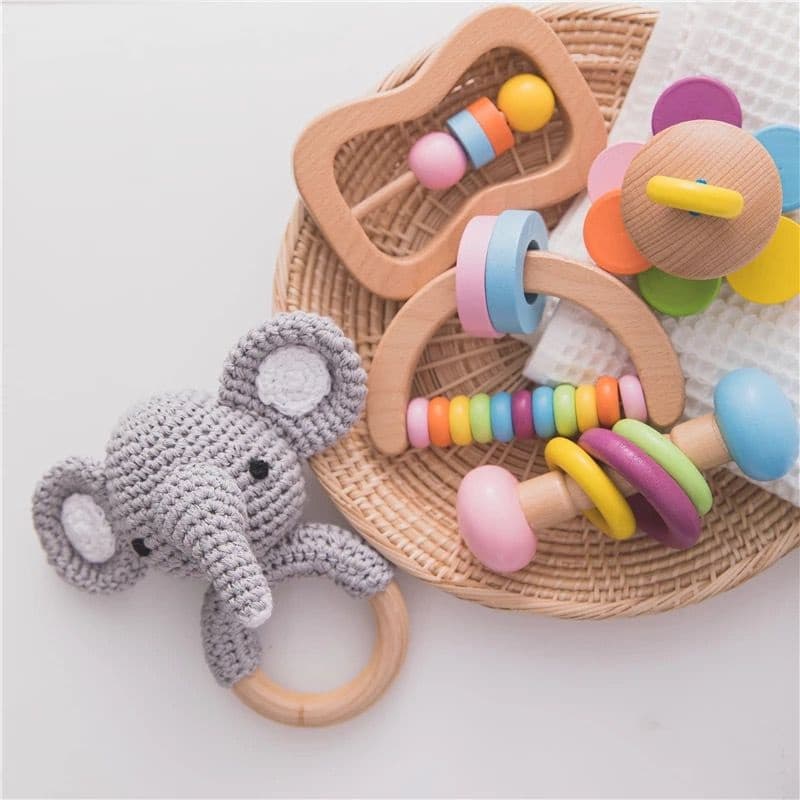 Kit Desenvolvimento Primeiros Brinquedos Chocalho Mordedor Madeira Bebê