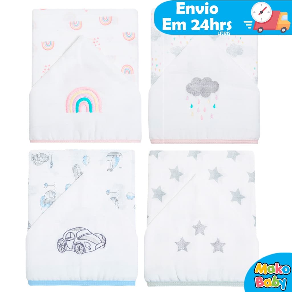 Toalha de Banho Bebe Fralda Soft Estampado com Capuz Bordado 100% Algodão 1,10m x 90cm