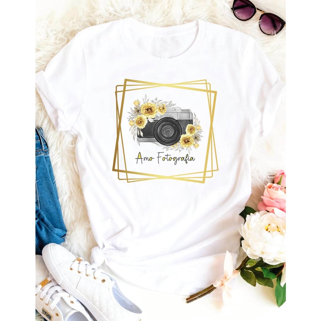 Camiseta T-Shirt Feminina Estampa Fotografo(a) com Frase 100% Poliéster
