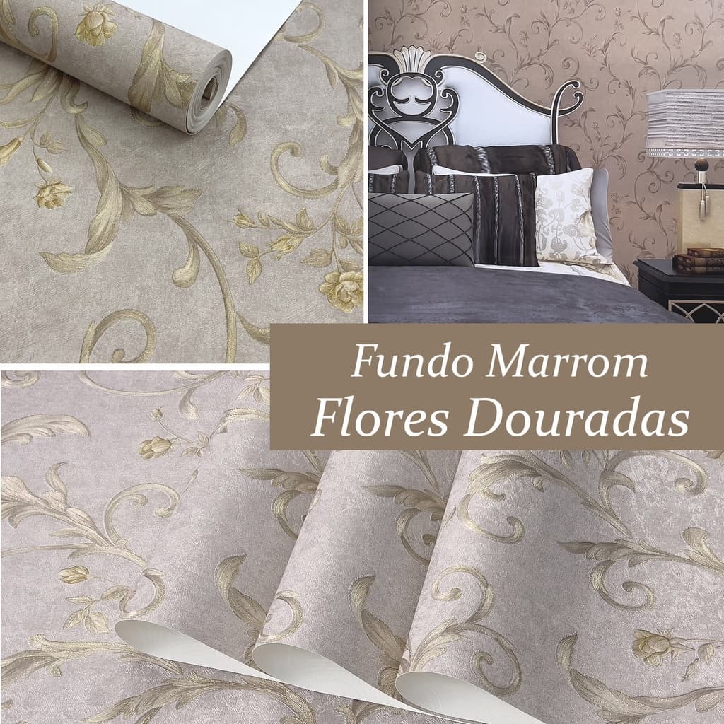 Papel de Parede Vinílico Importado Marrom com Flores Douradas - Alto Relevo Rolo 10 metros x 53cm +Cola Especial Inclusa