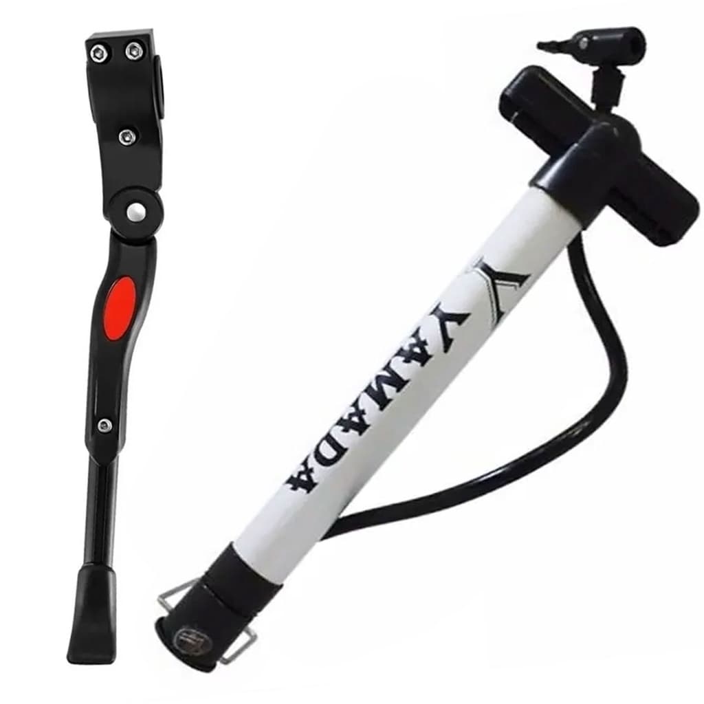 Bomba De Bike De Encher Pneu Alumínio 30cm Yamada Ciclismo + Descanso Pezinho Para Bike Lateral Com Regulagem 20 Até 29