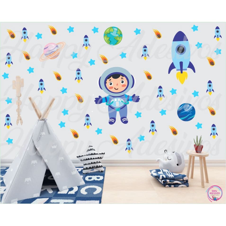 Adesivo Decorativo Azul Astronauta Menino Foguetes Espaço Sideral Naves Estrelinhas Planetas Terra