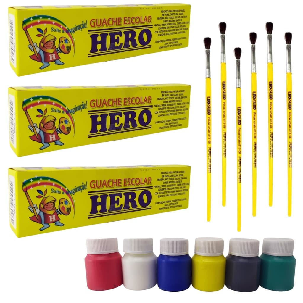 5 Cx Tinta Guache 6 Cores Escolar + 5 Pincel Pintura Artes