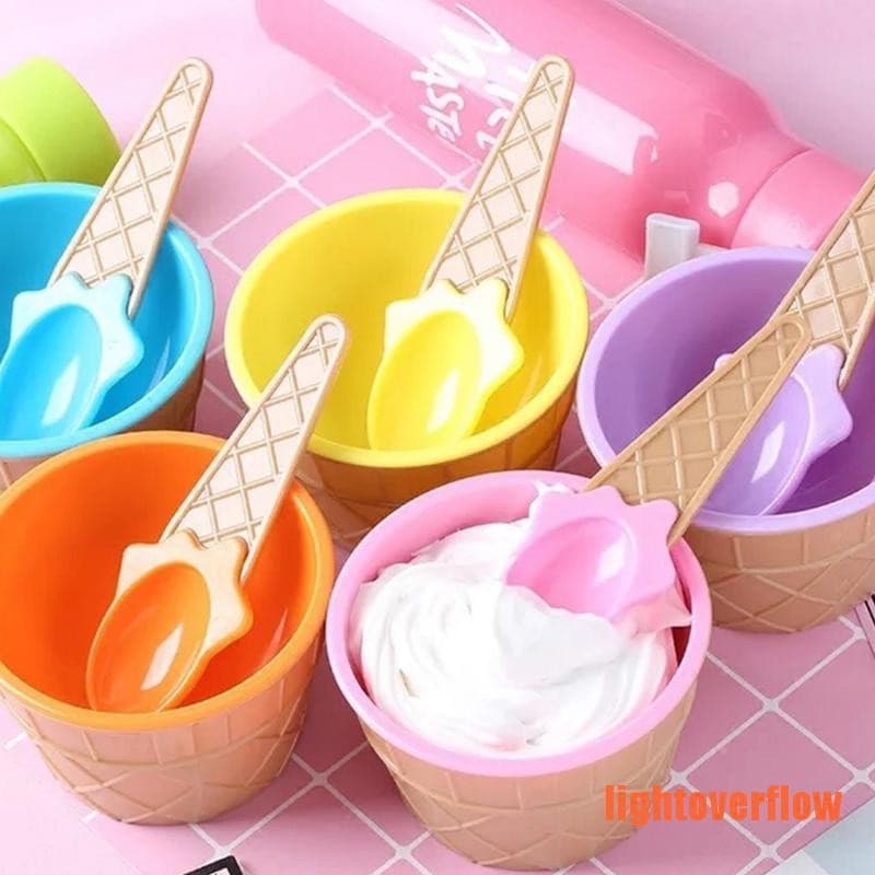 Pote de Sobremesa Tigela Casquinha De Sorvete com Colher Colorido Tigela de Plastico para Sobremesa Sorvete Modelo Casquinha com Colher 200ml
