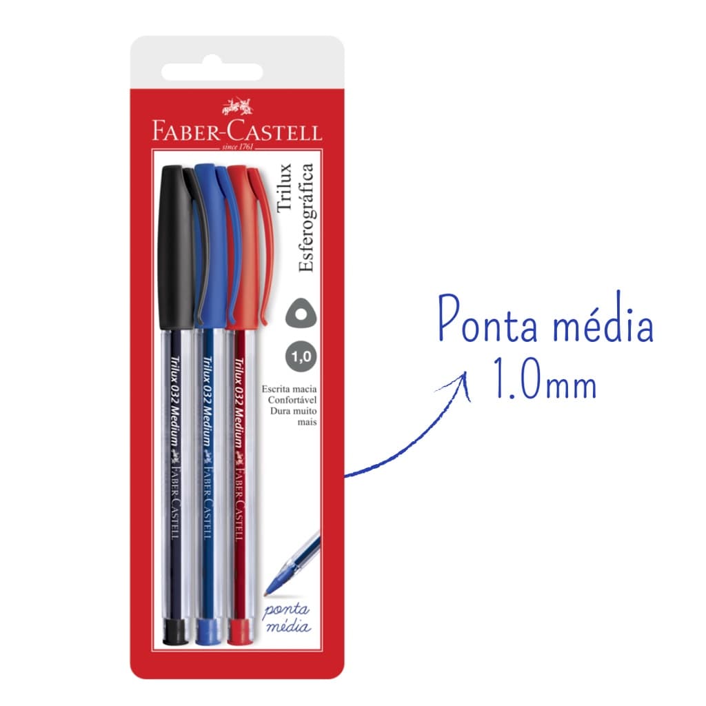 Kit 3 Cores Caneta Esferográfica Trilux 032 1.0 Azul, Preto e Vermelho - FABER-CASTELL (Blister, Ponta média, Cores básicas)