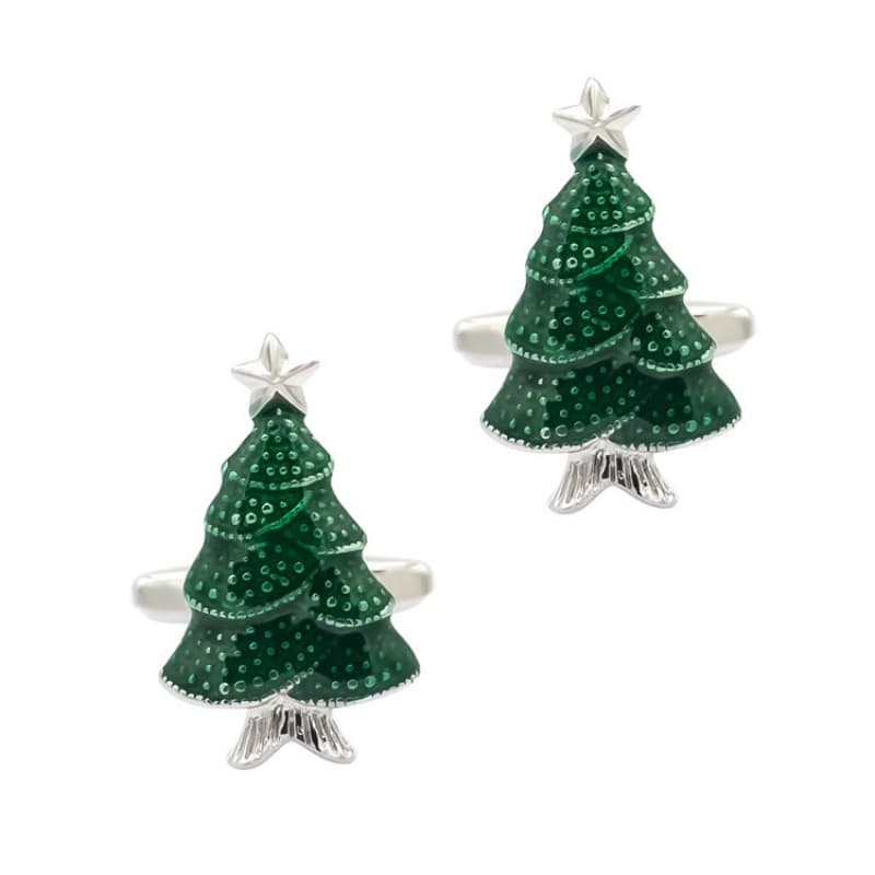 Acessórios de Moda: Abotoaduras Divertidas em Forma de Árvore de Natal Verde, Abotoaduras Esmaltadas para Camisa Frances