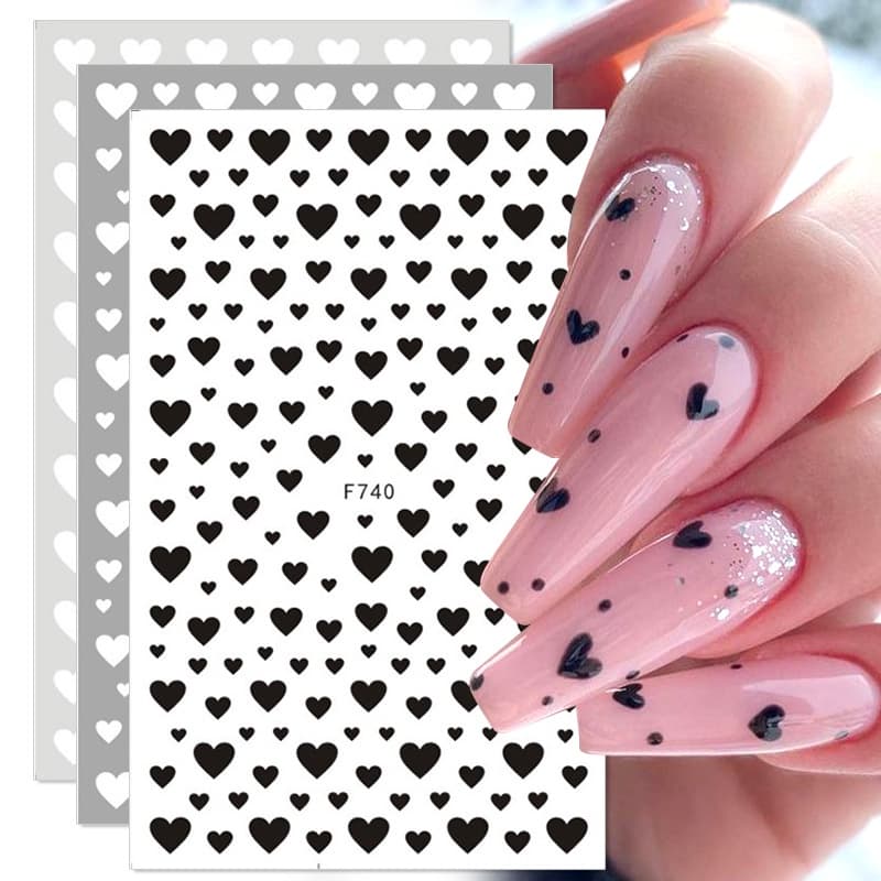 1PC 3D Adesivos De Unha Preto Coração Amor Autoadesivo Cartas Decorações Estrelas Manicure Acessório