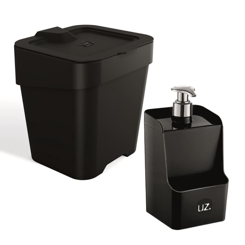 Kit Organizador Porta Detergente Esponja Bucha 500ml Uz399 + Lixeira Slim 2,5L Pia Cozinha - Cores