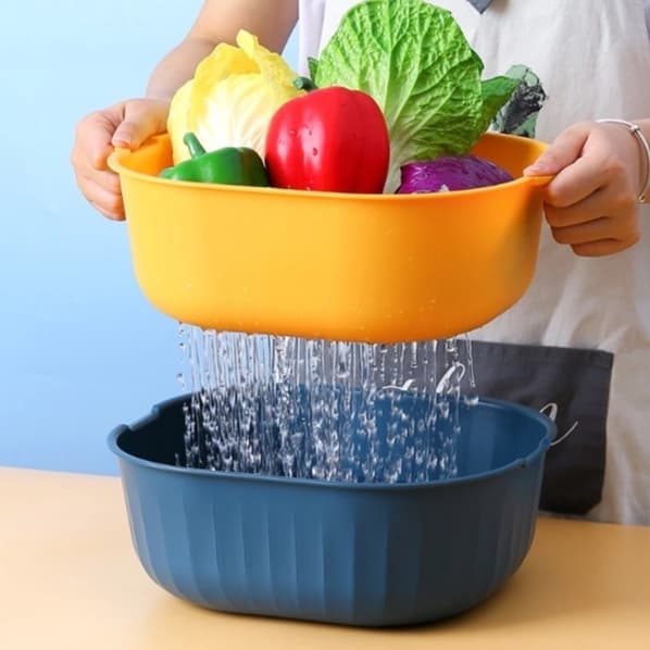kit Cesta 2 em 1 de Drenagem Dupla Camada De Multifuncional para Lavar Frutas Saladas arroz e Verdura Cozinha Suporte