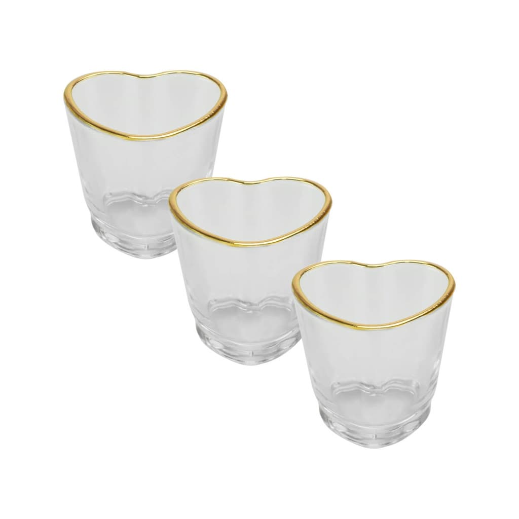 Kit 3 Copos Shot Coração Vidro com Borda Dourada 50ml