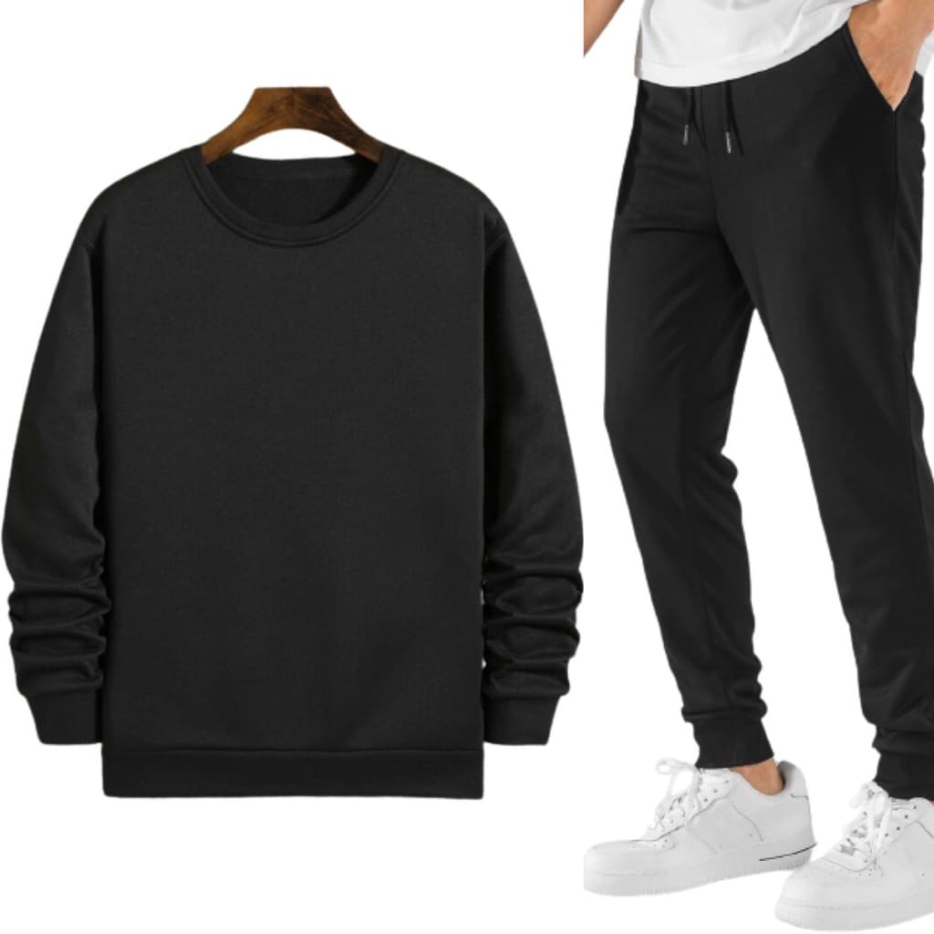 Moletom Conjunto Gola Redonda + Calça Masculino e Feminino Unissex Flanelado  Algodão Liso Sem Estampa