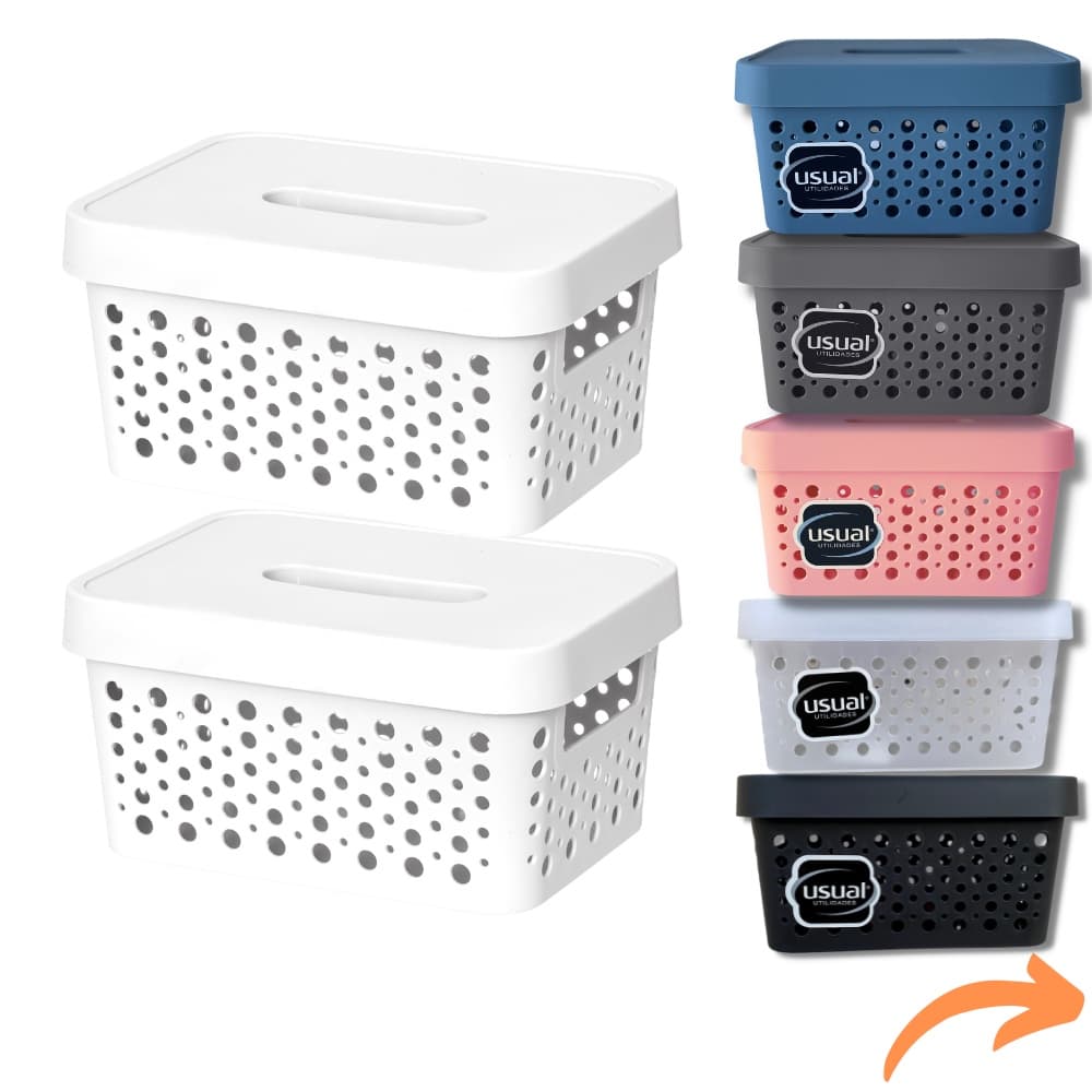 Kit 2 Cestos Organizadores com Tampa 2 Litros 19cmx14cmx9,5cm Multiuso