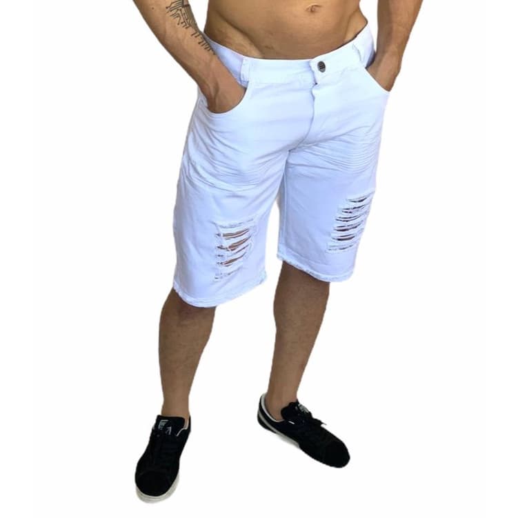 Bermuda Jeans Masculina Rasgada Sarja Destroyed Desfiada Branca só hoje