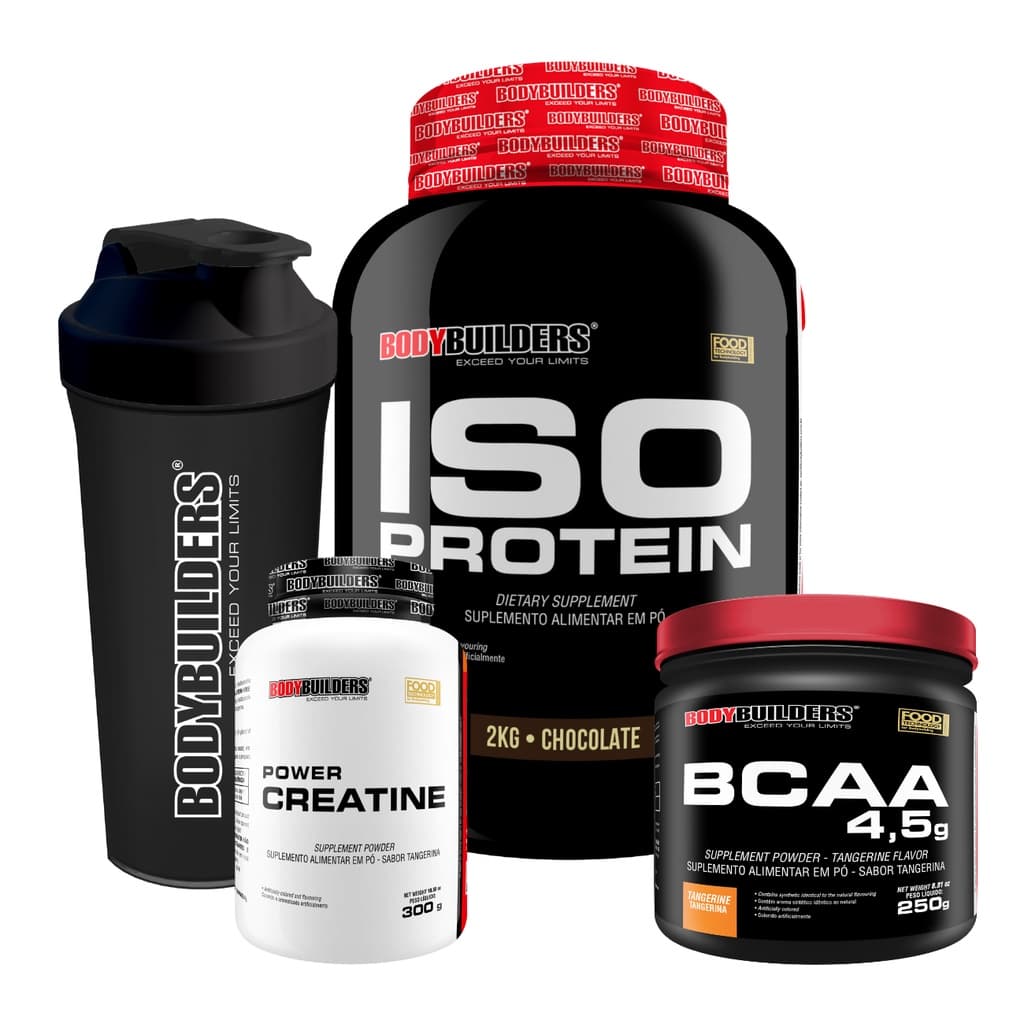 Kit Iso Whey Protein 2kg + Creatina 300g  + Bcaa 250g + Coqueteleira - Bodybuilders