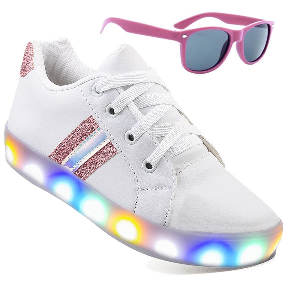 Kit Tenis Feminino Infantil De Led Meninas Light Casual Branco Blogueira Tendência + Óculos Linkito