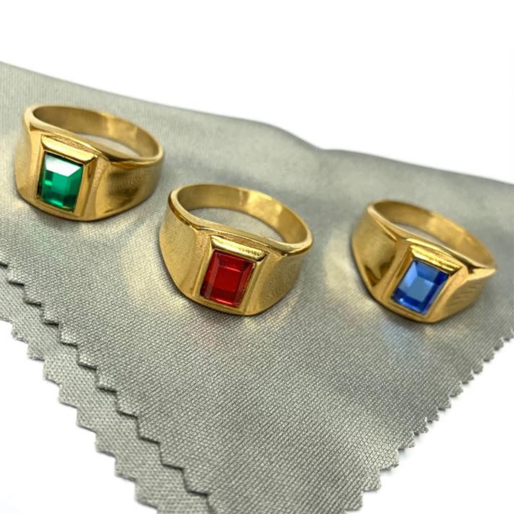 Anel Pedra Pequena Rubi Esmeralda Azul Formatura Aço Inoxidável Banhado a Ouro 18k