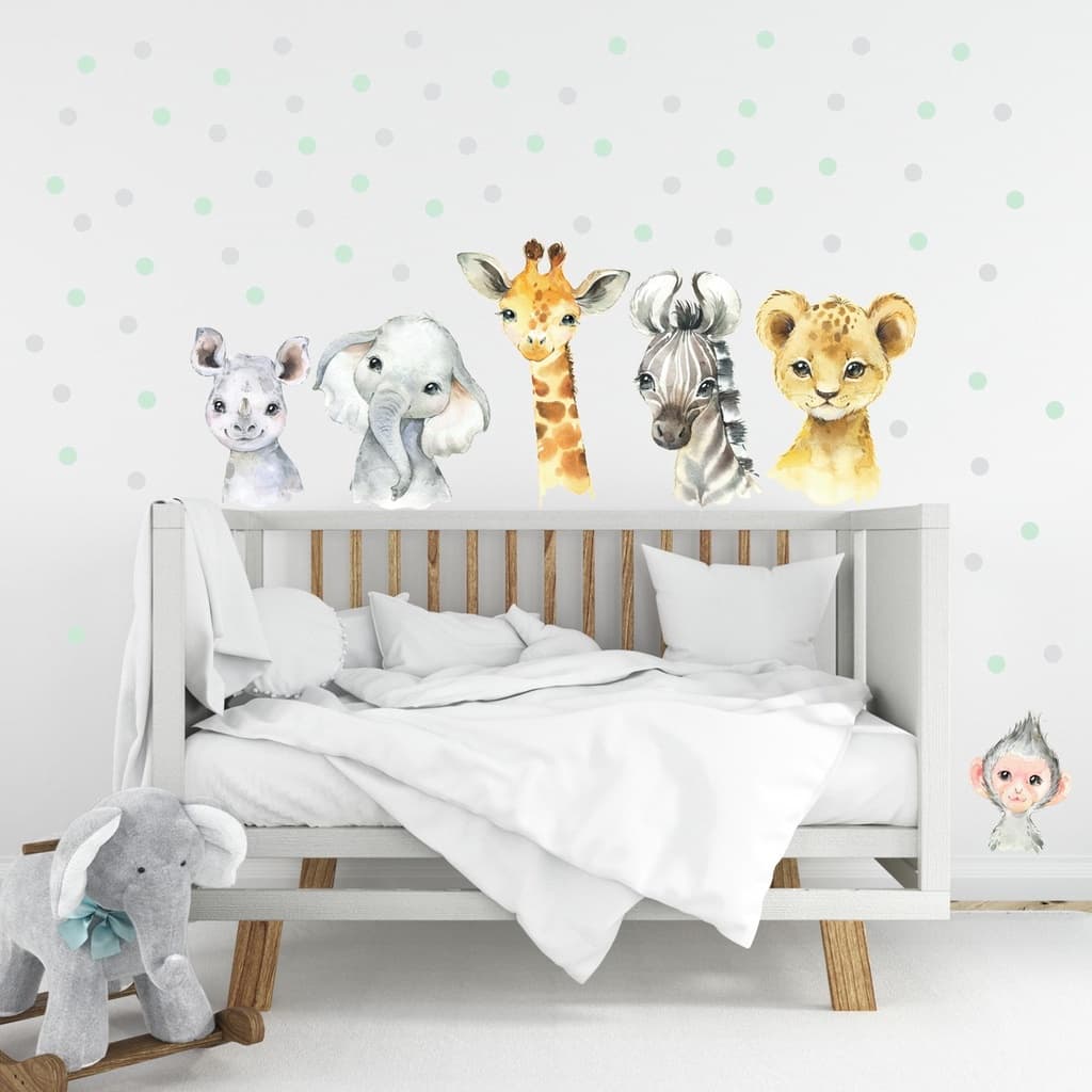 Adesivo Parede Infantil Safari Animais Aquarela Realista E Bolinhas Quarto de Bebê