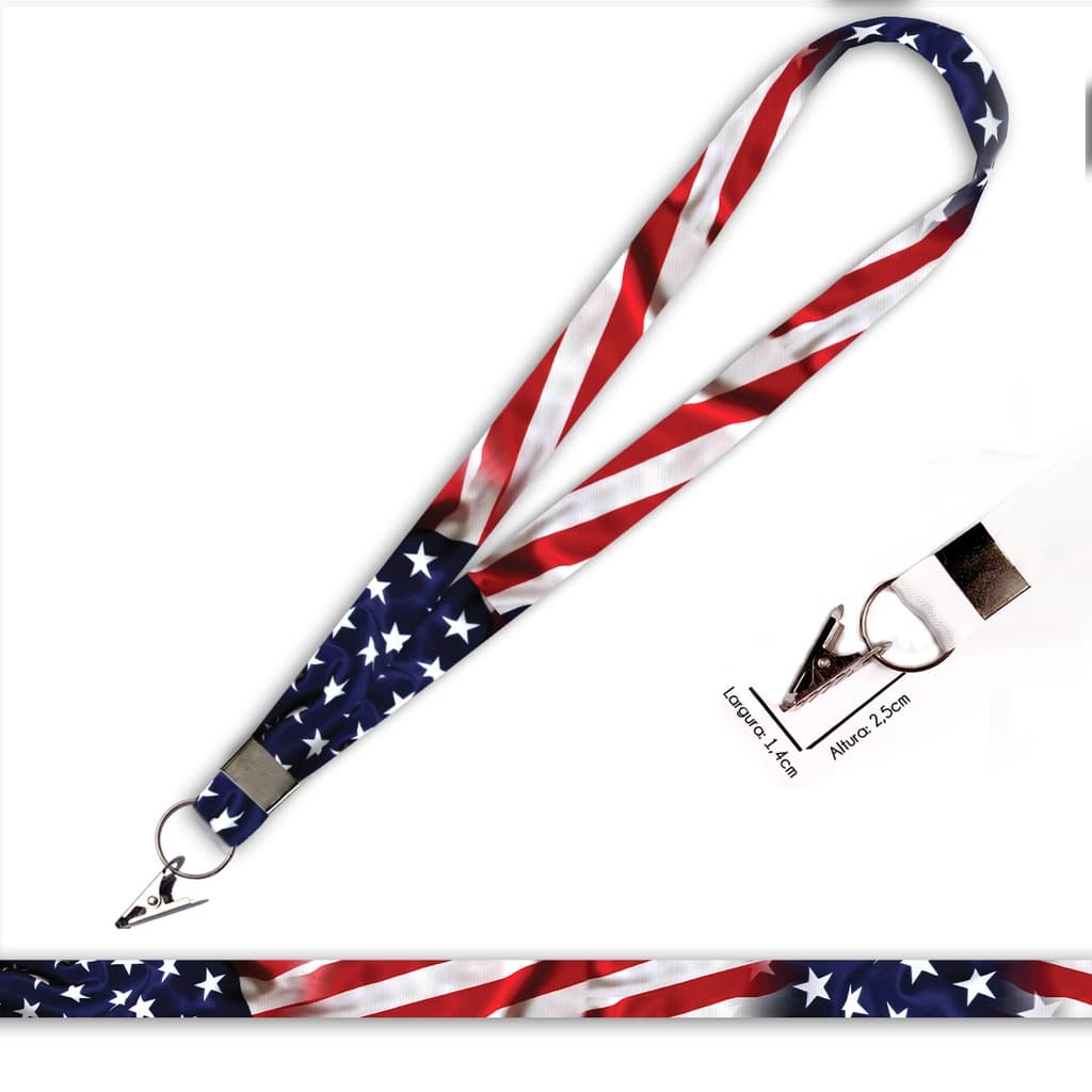 Cordão personalizado Bandeia Estados Unidos EUA para crachá ou chaveiro com Jacaré com Argola